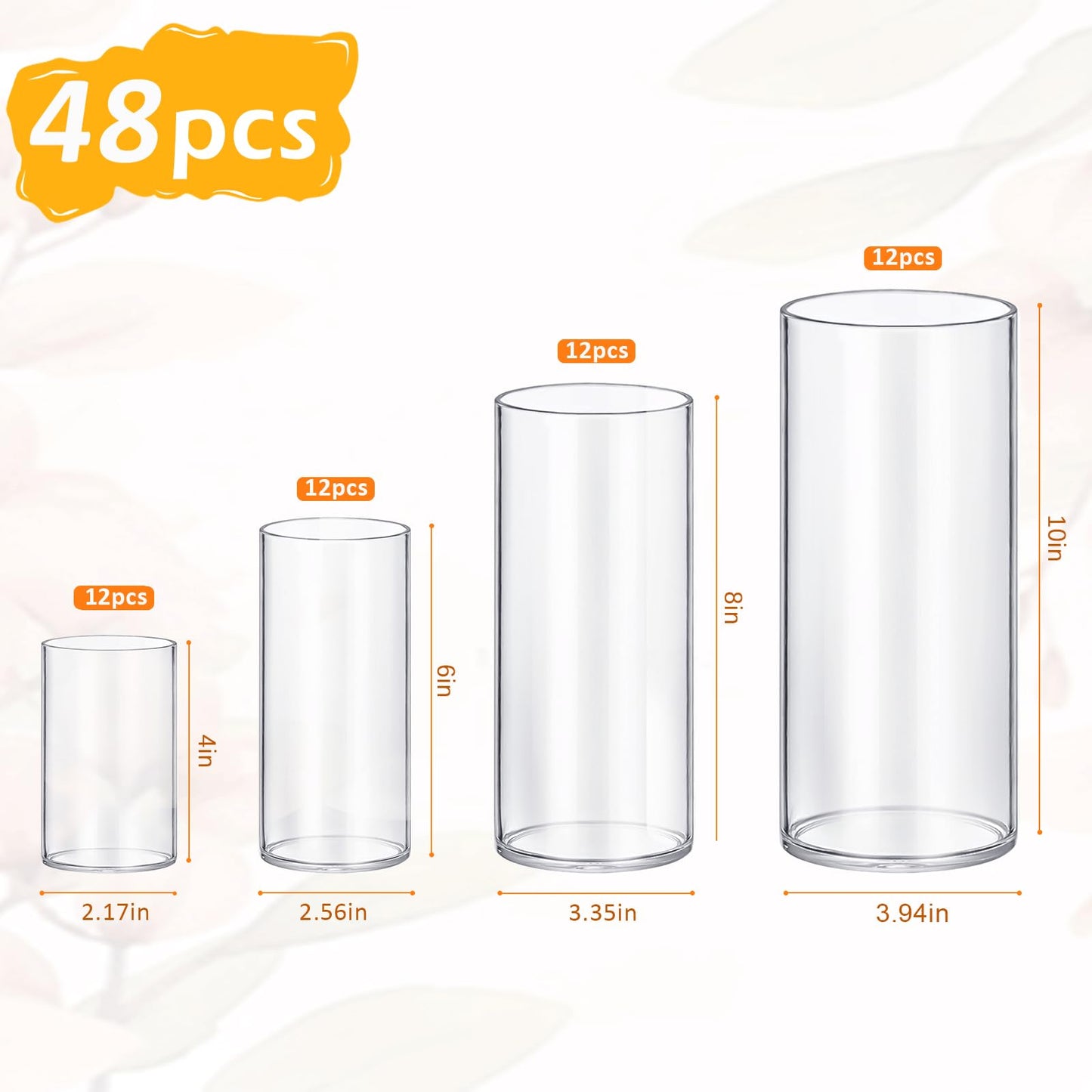 48 Pack Glass Cylinder Vases 4,6,8,10 Inch Tall Clear Flower Vase Hurricane Floating Candle Holder for Table Centerpiece Wedding Home Decor