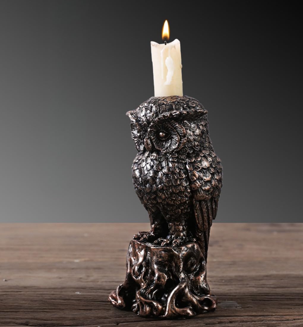 Gothic Owl Candle Holder Statue– Day Decor Witchy Occult Altar Decoration, Bird of Minerva Green Shamrock Candlestick Tabletop Candelabra Statue for Home Room (Owl)
