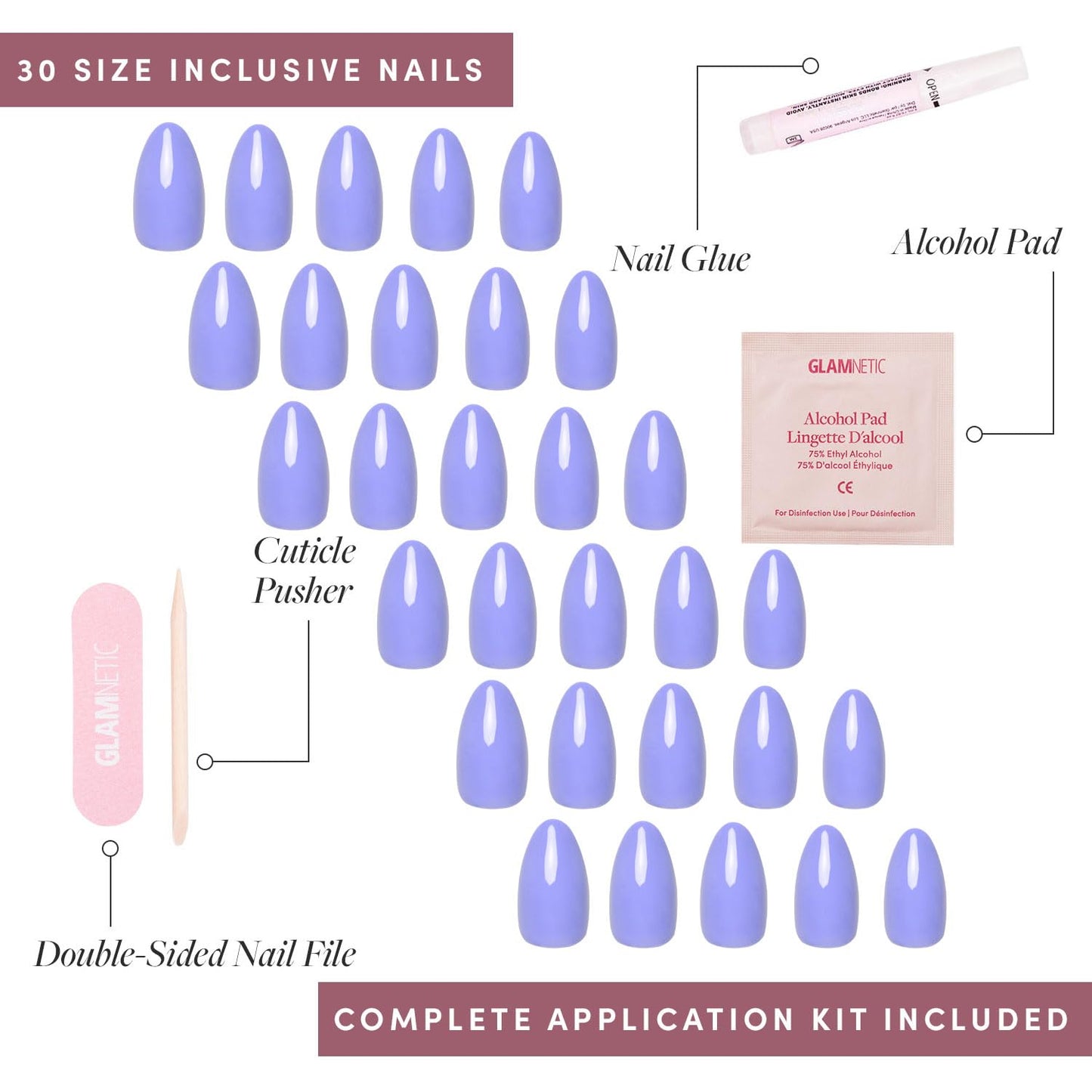 Glamnetic Press On Nails - Periwinkle | Short Almond Purple Fake Nails with Glossy Finish, Salon Quality | 15 Sizes - 30 Nail Kit with Glue