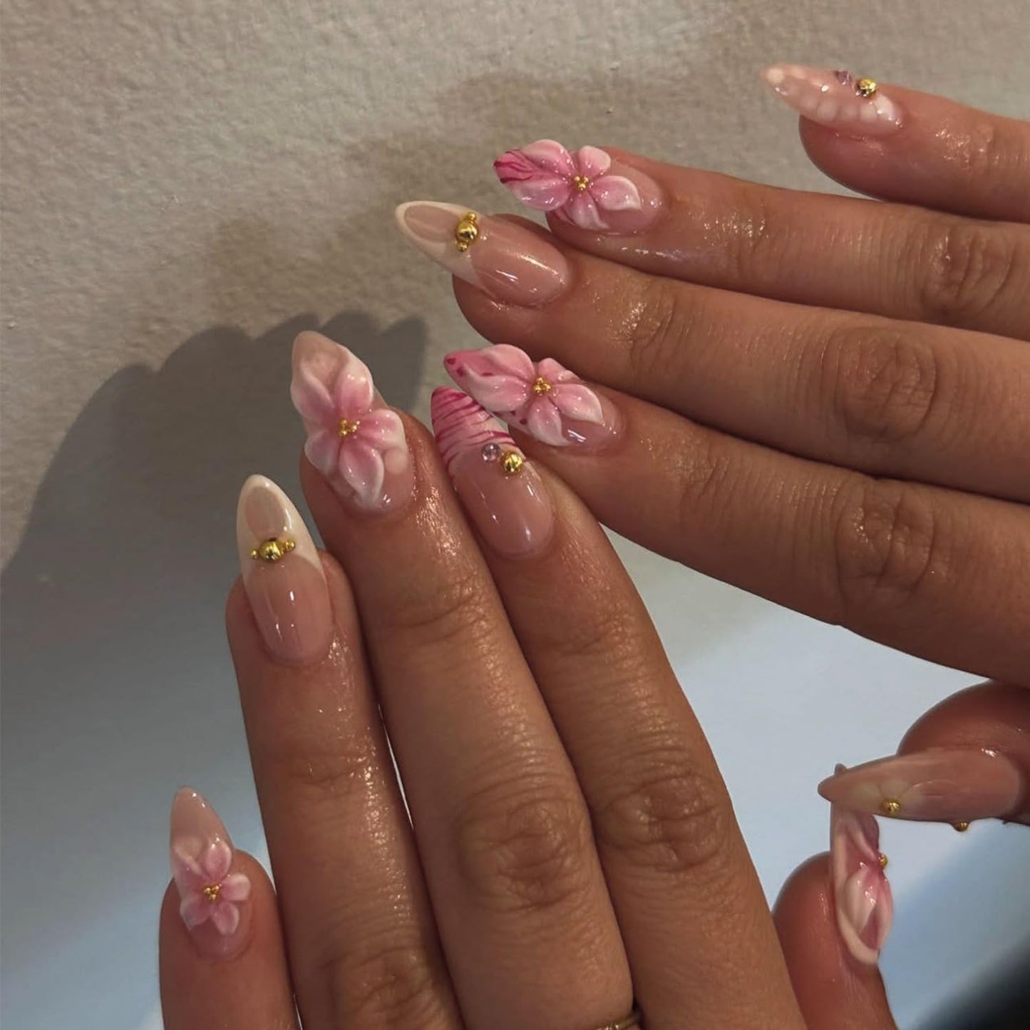 French Tip Press On Nails Almond Medium Fake Nails Glossy 3D Flower False Nails Press Ons With Gold Bead Design Stick On Nails Full Cover Reusable Glue On Nail For Women Nail Decorations