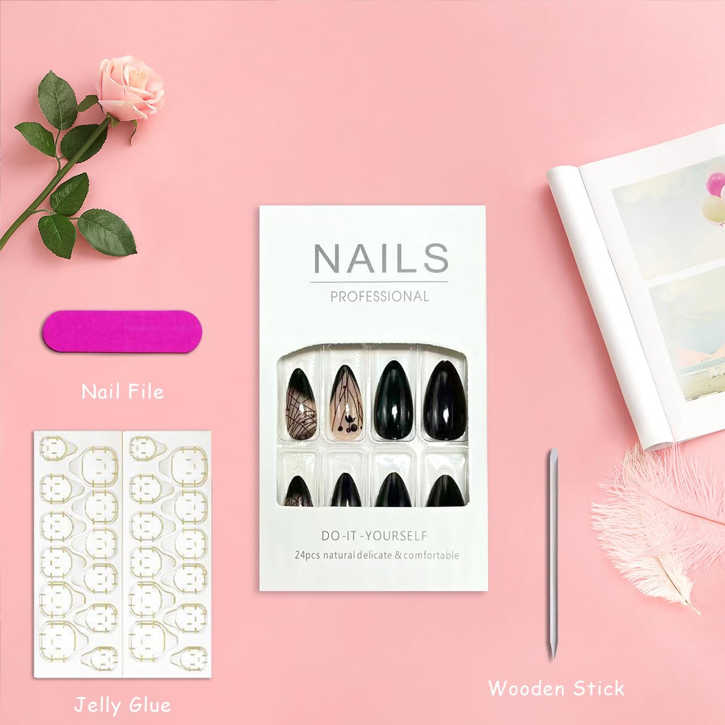 Black Gradient French Tip Press on Nails Medium Almond Fake Nails Irregular Lines Acrylic Glue on Nail Glossy Full Cover False Nail for Women