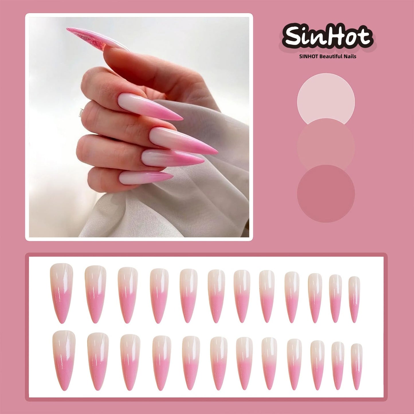 SINHOT Stiletto Press on Nails Long Fake Nails Glossy Glue on Nails Pink White Ombre Acrylic Nail Almond Artificial Nail Stick on False Nail with Design 24 pcs