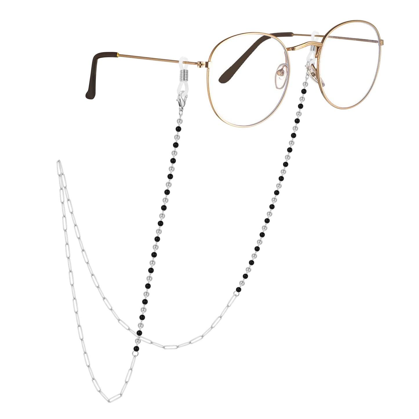 AllenCOCO Silver Fashion trend high head-turning stainless steel black bead paper clip Eyewear Chain