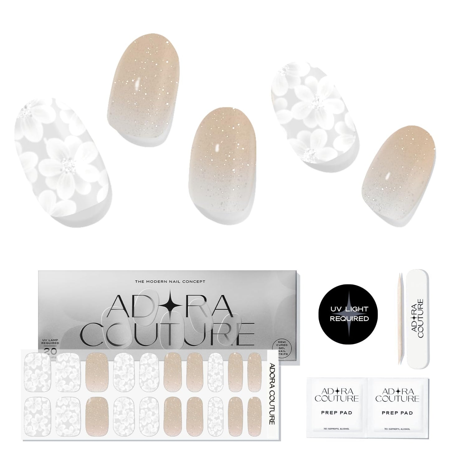 Adora Couture Semi Cured Gel Nail Strips with 20 Pieces - UV Gel Stickers, Manicure Kit, Easy Application Wraps Includes Prep Pads, Nail File, Wooden Stick - UV Light Required (Glazed Petals)