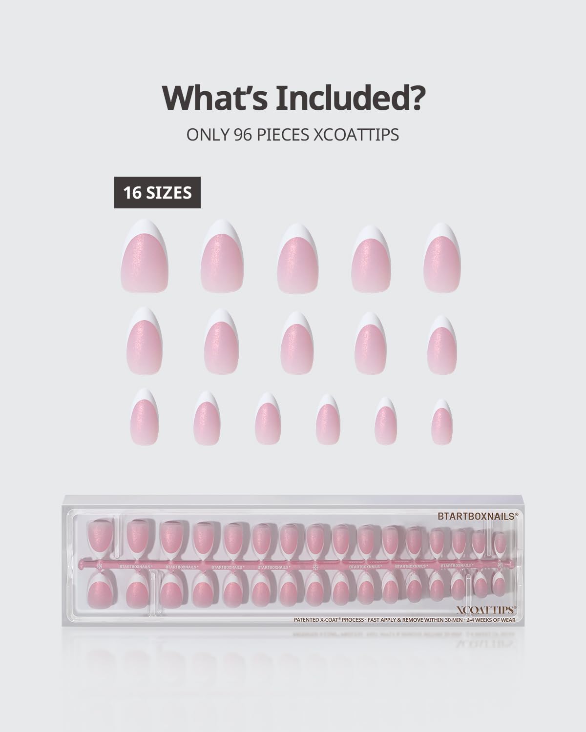 BTArtboxnails XCOATTIPS French Tip Press On Nails - Pink Glitter Base Short Almond Press On Nails, 96 Pcs Salon Quality Soak Off Soft Gel Nail Tips Extension in 16 Sizes