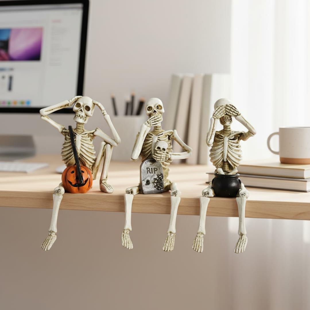 Set of 3 Skeleton Shelf Sitters – Halloween “See No Evil, Speak No Evil, Hear No Evil” Figurines – Gothic Skull Decoration with Legs Dangling – Spooky Funny Shelf Decor for Home, Party, Office