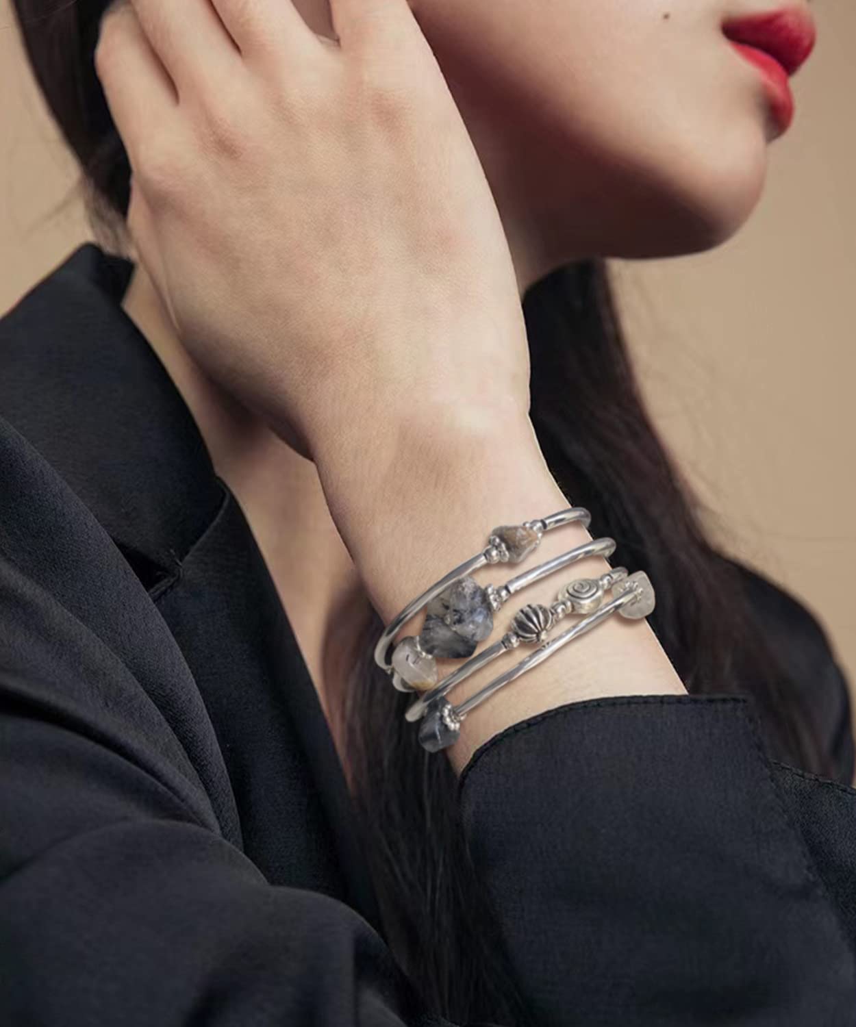 FULU AUTUMN Stone Silver Bangle Wrap Bracelet Boho Turquoise Crystal Chips Bead Bracelets Fashion Jewelry Birthday Gifts for Women(19-Grey)