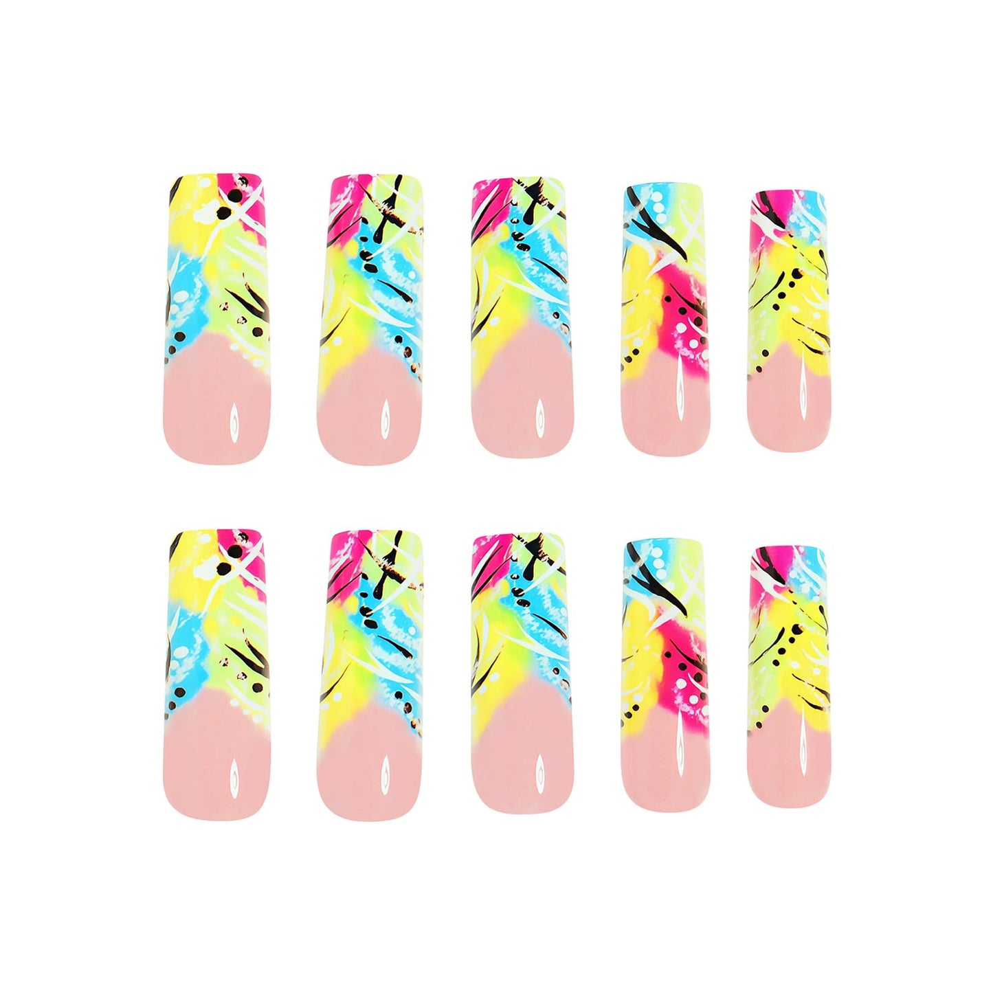 MISUD Press on Nails - Long Square Fake Nails with Summer Colorful, Acrylic Rainbow French Tip Design 24 pcs