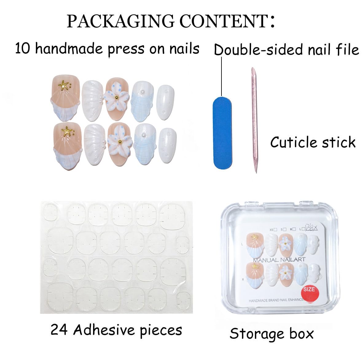 10 Short Almond Handmade Press On Nails | French design with 3D Floral and Seashell | Skip Salon Trips, Easy to Apply & Remove, Reusable (251208, S)