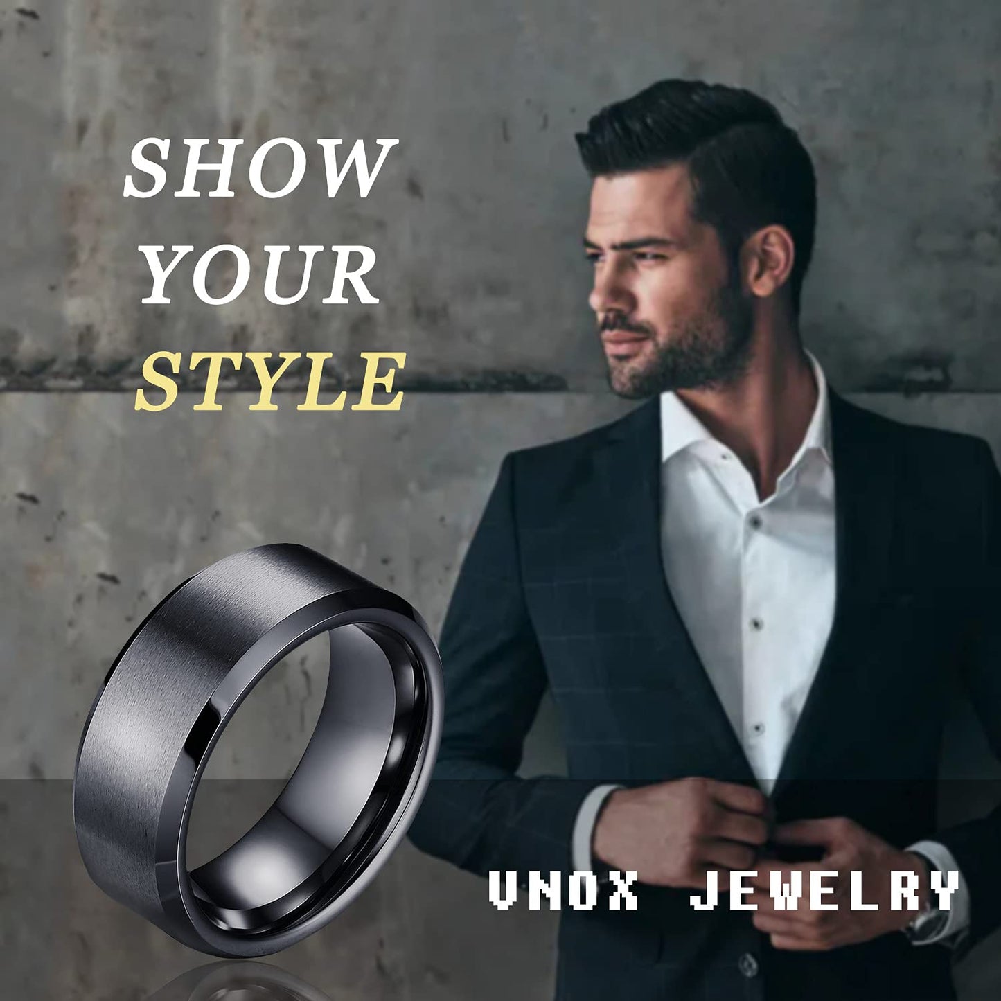 VNOX Mens 8mm Brushed Matte Tungsten Carbide Classical Simple Plain Personalized Custom Name Date Wedding Band Wedding Engagement Ring,Black,Size 7