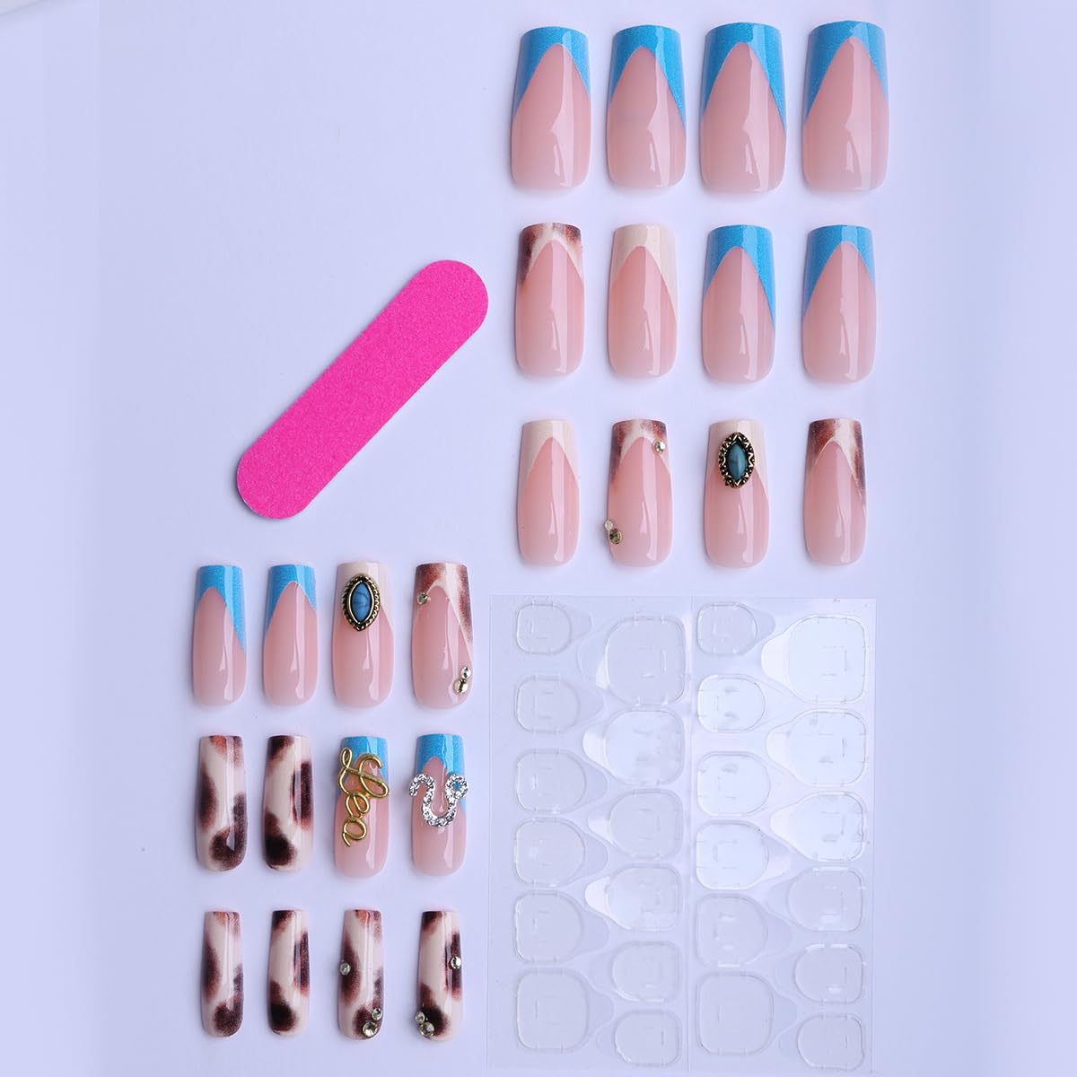 plalely Press on Nails French Tip, 3D Handmade Acrylic Press on French Tip Nails with Designs，Long Square Nail Press Ons for Women 24pcs