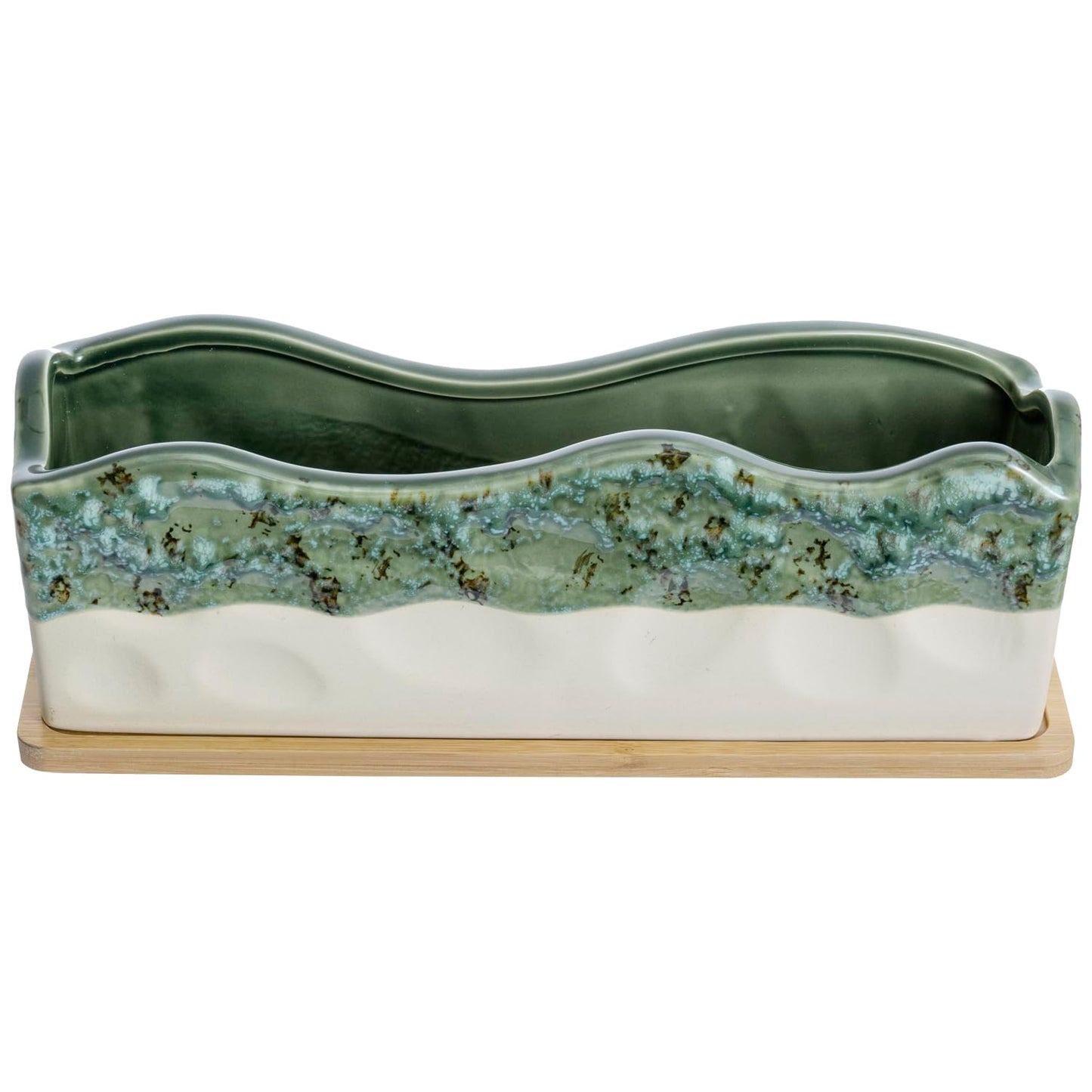 MyGift 13 Inch Large Rectangular Succulent Planter, Decorative Seafoam Green Glazed Beige Ceramic Indoor Plant Container Pot with Removable Bamboo Tray