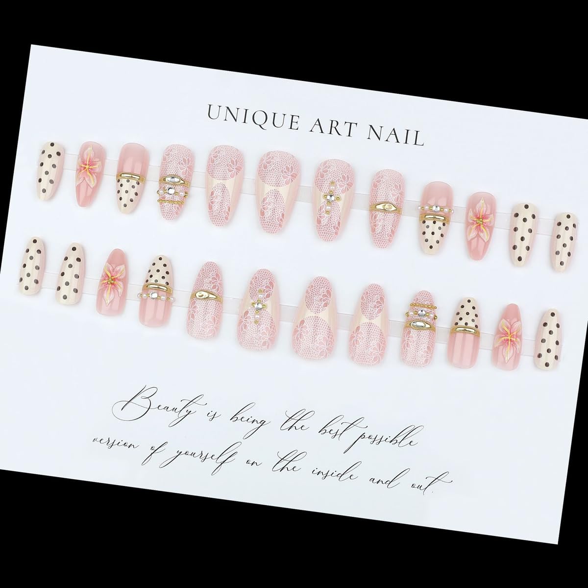 Medium Almond Press on Nails 3D Flower Fake Nails with Lace, Gold Rings Charms Polka Dot False Nails Press ons Full Cover Glossy Stick on Nails for Women Manicure Kit 24Pcs