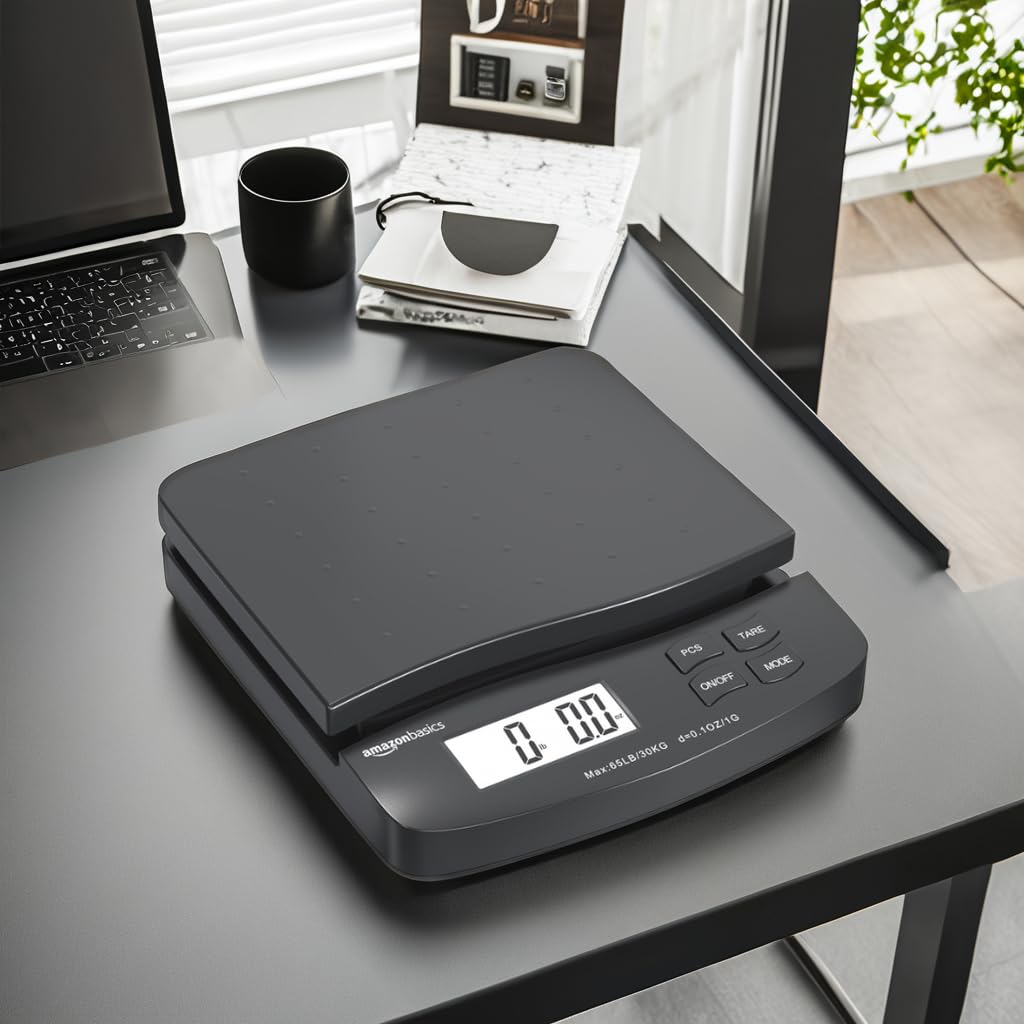 Amazon Basics Digital Postal Shipping Scale with Tare Function, AC Adapter, 65 lb Capacity, 0.1 oz Readability, LCD Display, Black