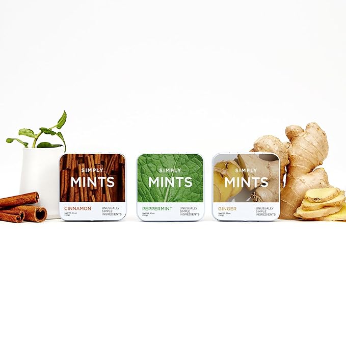SIMPLY Mints | Variety Pack - Peppermint, Ginger, Cinnamon | Pack of Six (180 Pieces Total) | Breath Freshening + Aspartame-Free + Vegan + non-GMO