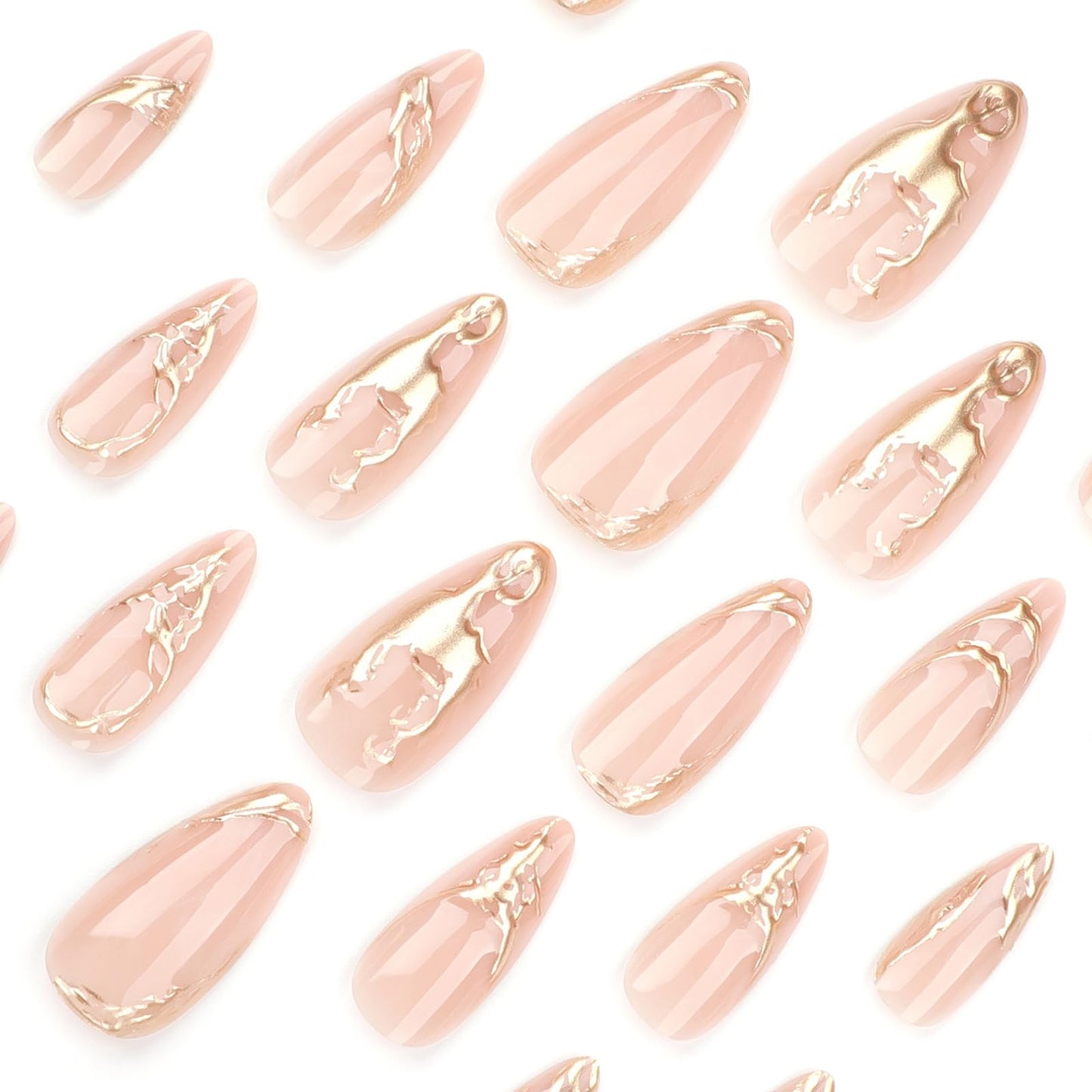 MISUD Press on Nails - Medium Almond Fake Nails with 3D Gold Chrome, Acrylic Bling Design 24 pcs