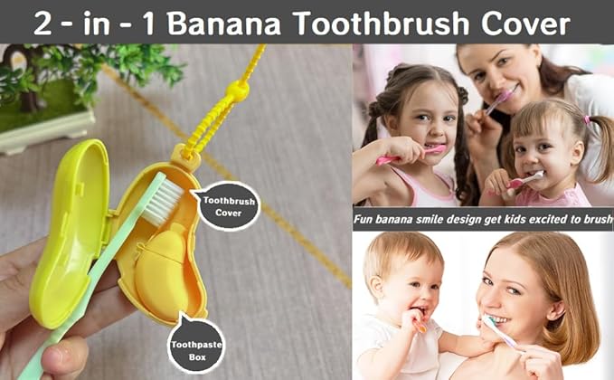 2-in-1 Travel toothbrush holder-Toothbrush covers with Toothpaste case,Portable Reusable Organizer with Banana smile-cute toothbrush cap for Electric&Manual Toothbrush,Ideal for Home&Travel(Yellow)