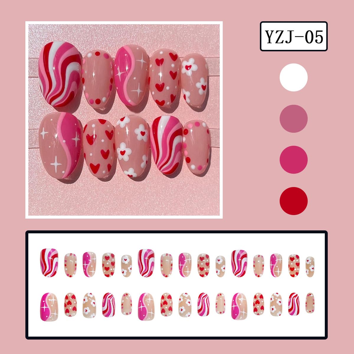 30Pcs Valentines Press on Nails Short Oval Fake Nails with Color Blocking Stripe Heart Flower Designs Cute Pink False Nails Romantic Holiday Artificial Stick on False Nail for Women DIY Manicure Salon