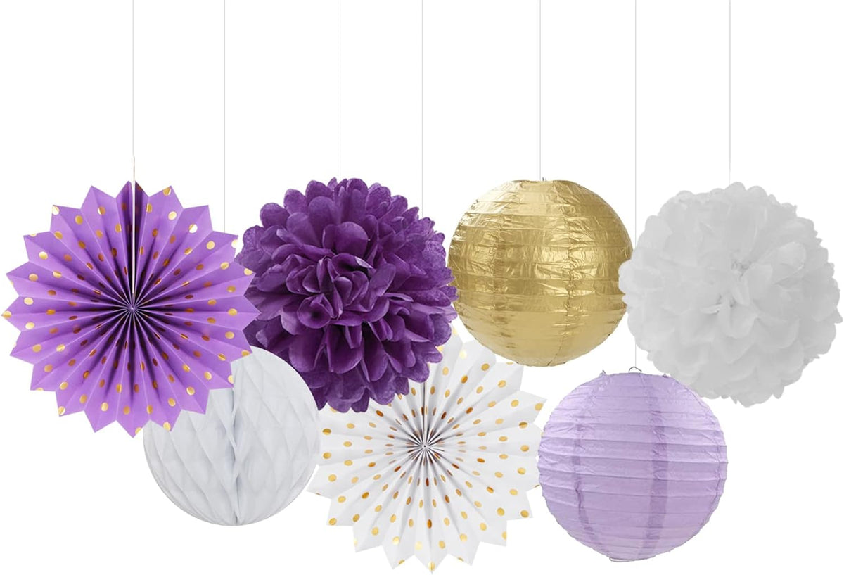 Purple-Gold Party Decorations Streamers Lanterns - 14pcs White Lavender Paper Fan Graduation Woman Birthday Wedding Bridal Shower Tissue Pom Poms,Honeycomb Balls Decor Ouruola