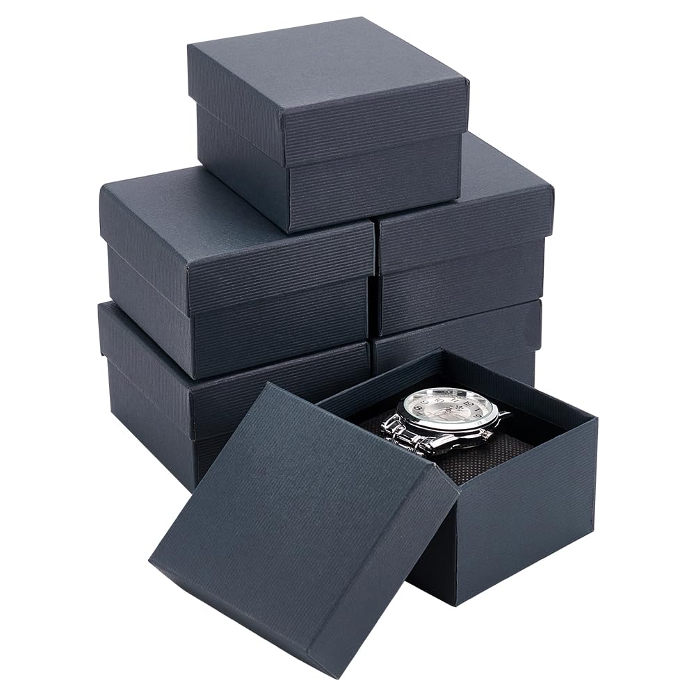 BENECREAT 6 Pack Kraft Cardboard Watch Storage Gift Box, 3.2x3x2inch Rectangle Present Jewelry Box with Nonwoven Cloth Cushion for Bangle Wrist Watch Bracelet Packaging, Midnight Blue