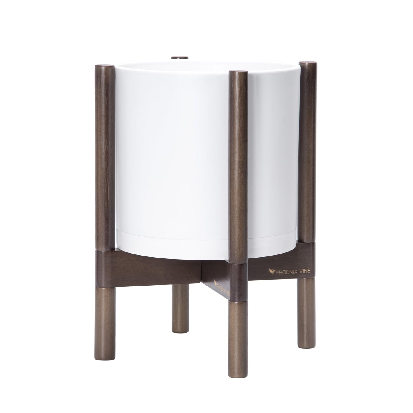 D'vine Dev Planter Pot with Stand - 10 Inch Plastic Cylinder Flower Pot with Wood Planter Holder for Indoor, Matte White Pot + Walnut Color Stand, 55-C-L-1