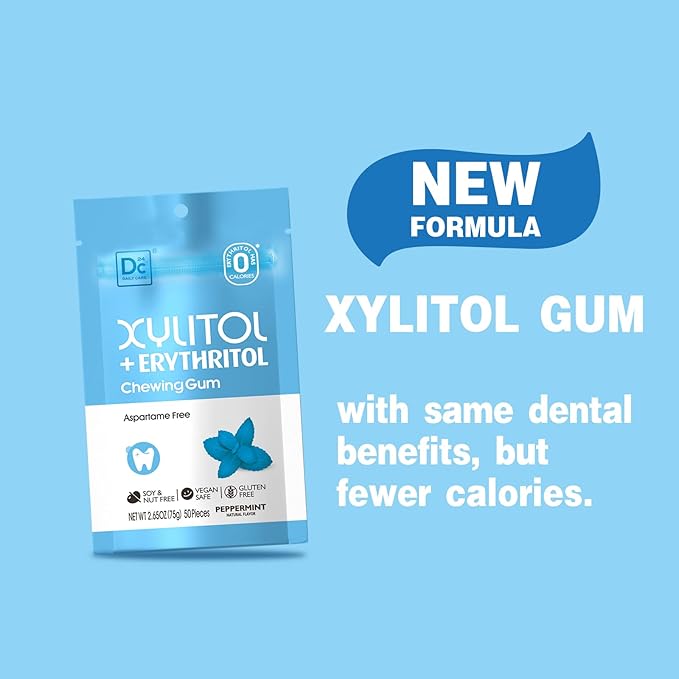 DC24 DAILY CARE Gum, Aspartame Free & Sugar Free Gum, Xylitol Chewing Gum with Erythritol, Low-Calorie, Sugarless, Natural Peppermint, 50 Pieces (Pack of 2)