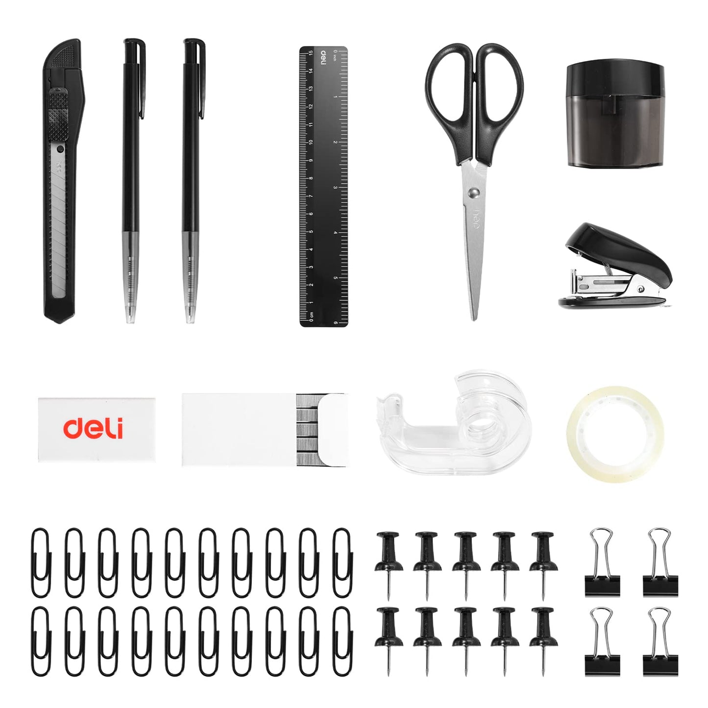 Deli 15 Pcs Office Supplies Kit with Desk Organizer, Desk Accessories Set with Staple, Sharpener, Scissors, Binder Clips