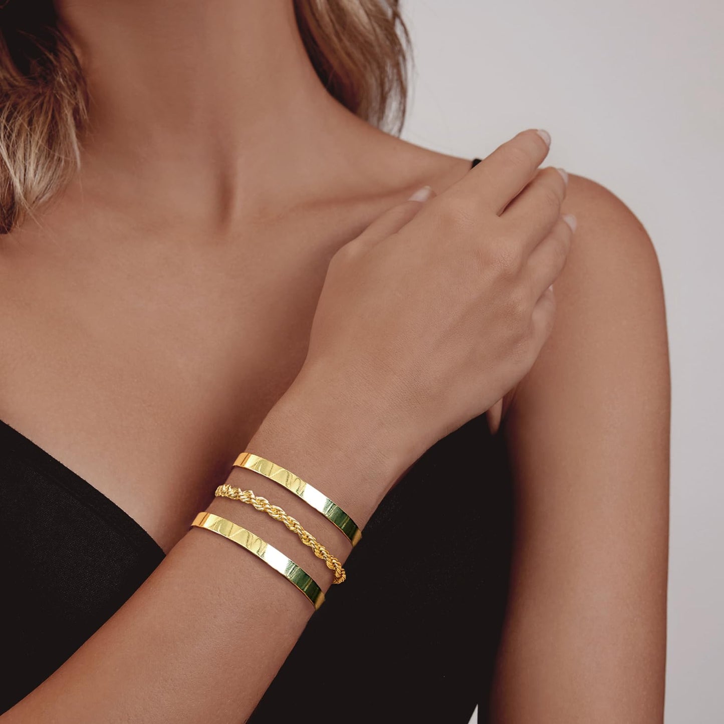 HERIER Gold Cuff Bracelets Stack for Women Trendy 14K Gold Plated Rope Link Chain Bracelets Stackable for Women Jewelry Set