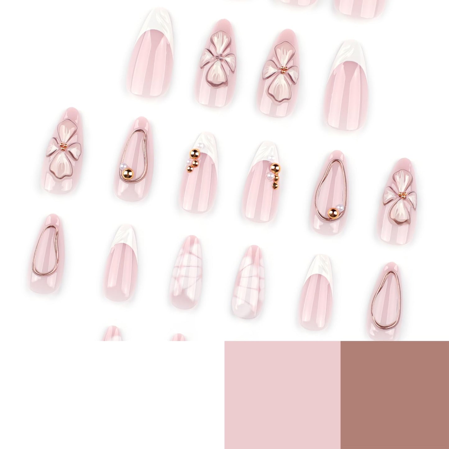 3D Flower Press On Nails Almond Shape – Medium Length Nude Pink Acrylic Fake Nails with Gold Beads & White Tips, 24PCS Glossy Stick On Nails with Tools, Reusable Elegant False Nails for Women
