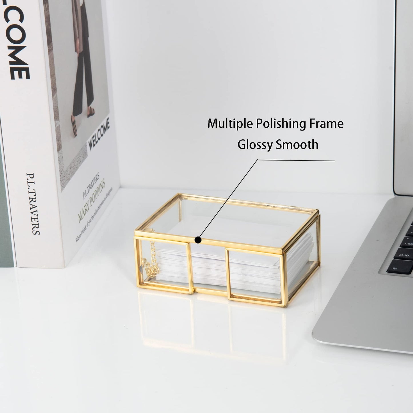 Feyarl Clear Gold Glass Business Card Box with Lid Name Card Display Organizer Container Collection Storage for Office Desktop CounterTop Meeting