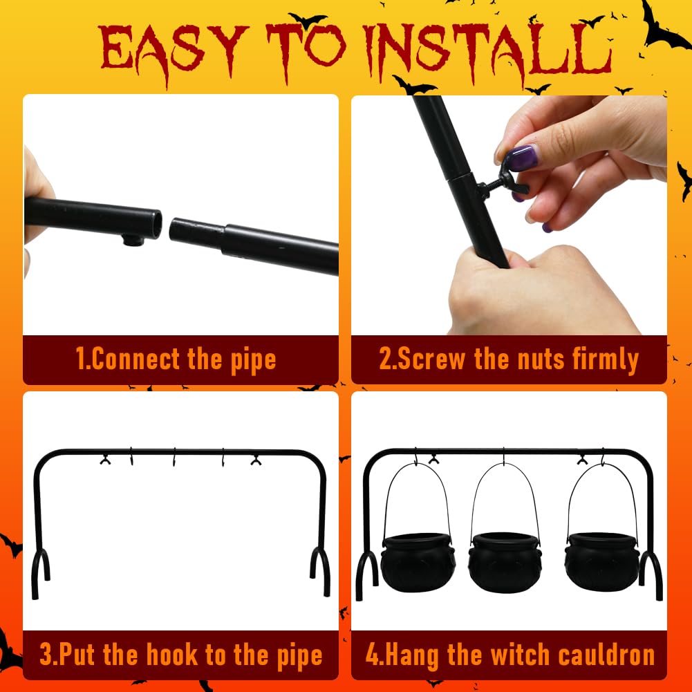 Halloween Cauldron Set with Rack - 3 Large & 6 Mini Black Plastic Flaming Cauldrons Candy Bowls for Indoor/Outdoor Hocus Pocus Party Decor, Witch Kitchen Serving & Haunted House Table Decorations