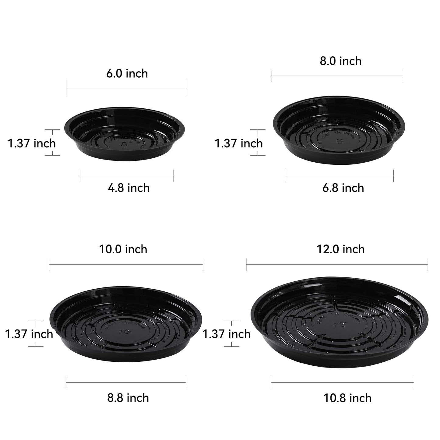 TRUEDAYS 20 Pack Black Plant Saucers – 4 Sizes (6"/8"/10"/12") Plastic Flower Pot Trays for Indoor & Outdoor Plants, Drip Trays to Protect Floors & Surfaces