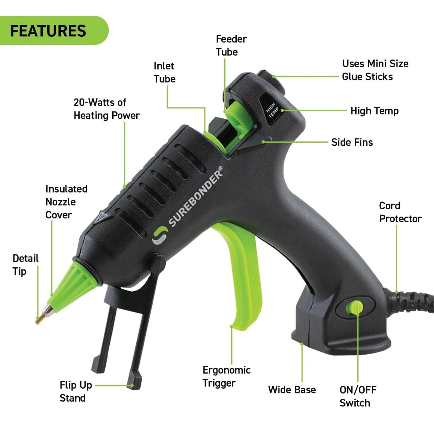 Surebonder Mini Hot Glue Gun with Fine Tip Nozzle - 20W High Temp Detail Tip Glue Gun for Crafts, DIY, & Repairs, Uses 7/16" Mini Glue Sticks