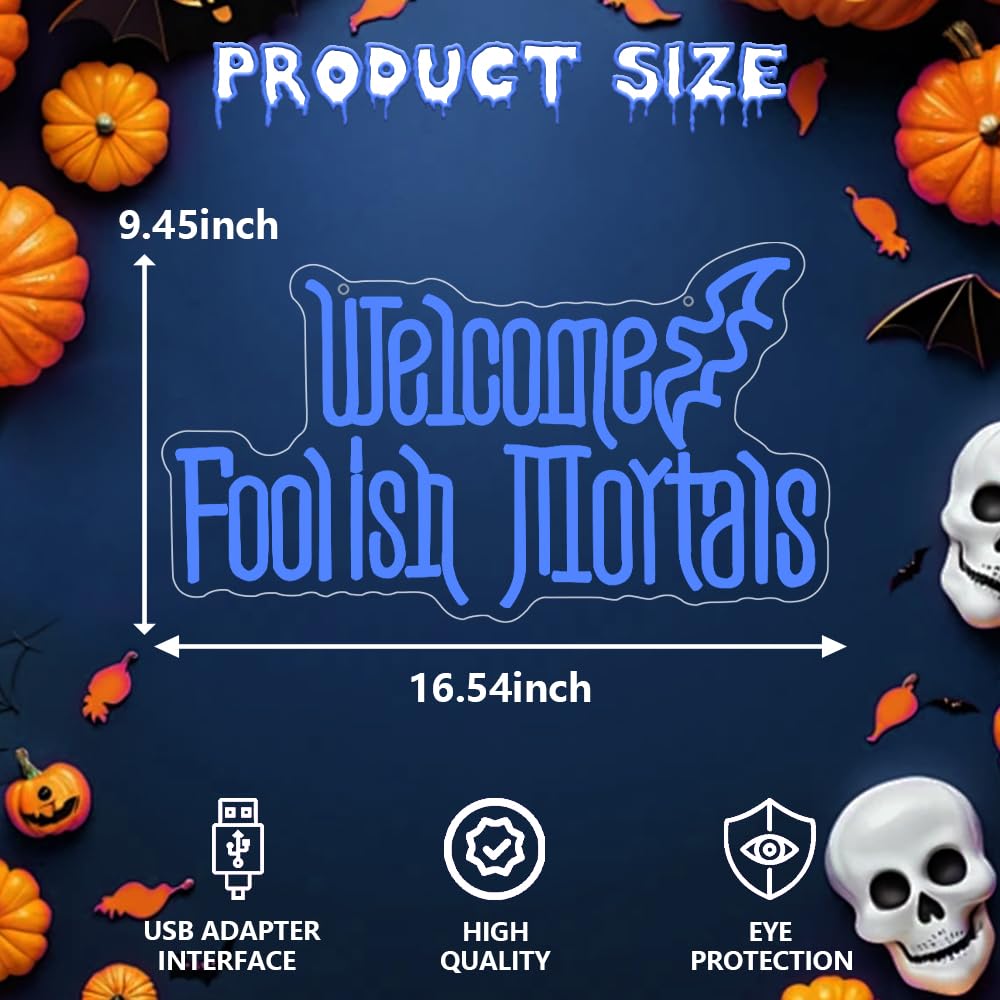 RuCvixkt Welcome Foolish Mortals Neon Sign, Halloween LED Neon Signs for Wall Decor, Spooky Gothic Haunted Mansion Decor, Coffin Led Neon Light Gift for Boy, Party, Man Cave, Haunted House(Blue)