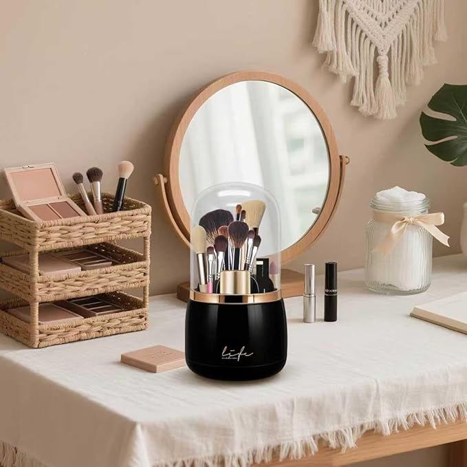 Toothbrush Holders with Cover,Dustproof 360 Rotating 7 Slots Toothpaste Holder for Bathroom Organizer Countertop,Makeup Brushes Organizer,Bathroom Accessories (Black)