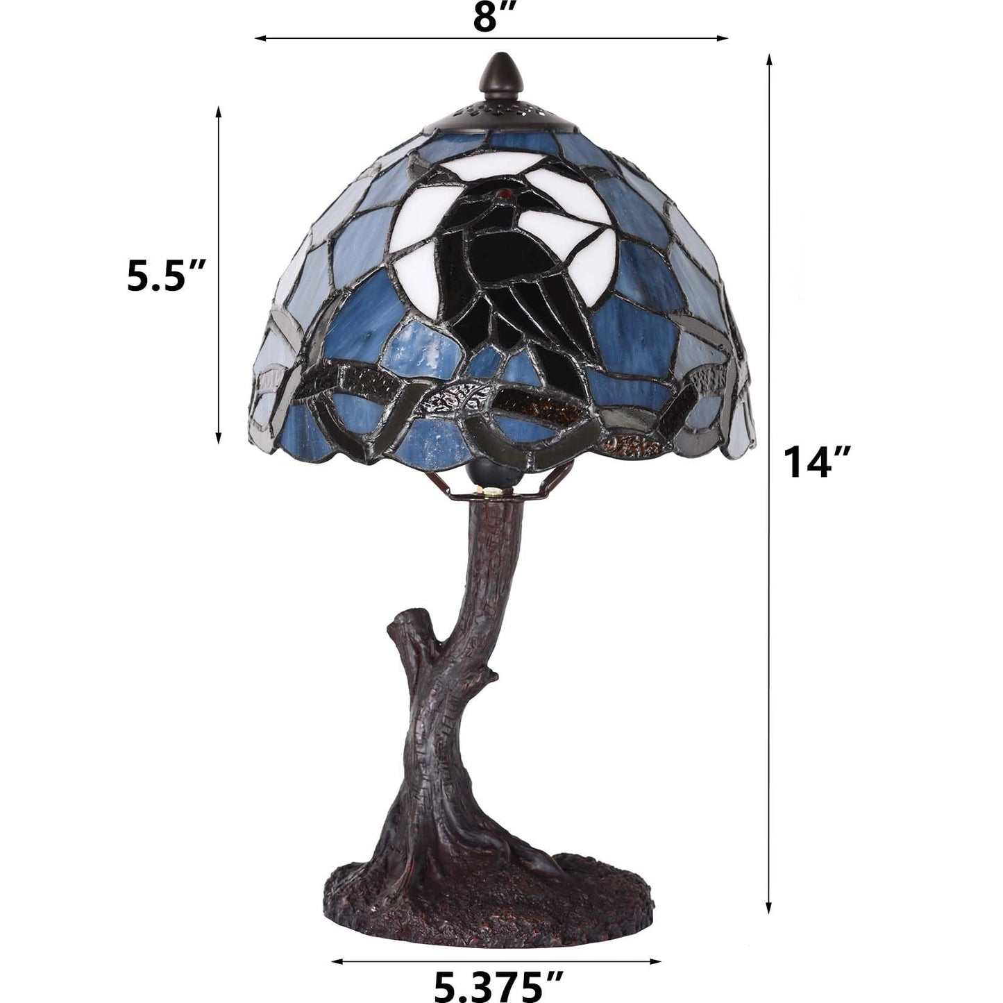 Bieye L12010 Raven Sitting on Bare Tree Branch in Full Moon Night Tiffany Style Stained Glass Table Lamp for Home Decor (Dark Blue, 8Wx14H)