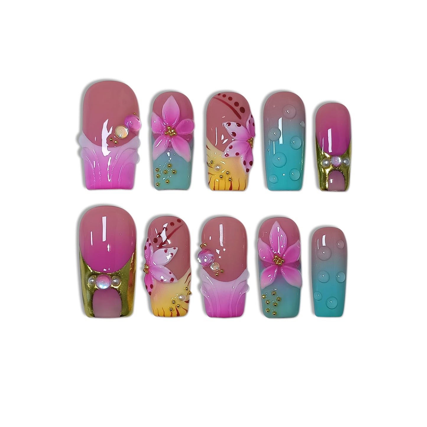 TENPAL Medium Square Press on Nails - Magenta Navy Blush Ombre 3D Floral Design Y2K Glossy False Nails for Women Girls, Acrylic Soft Gel Handmade Square Nails(S)