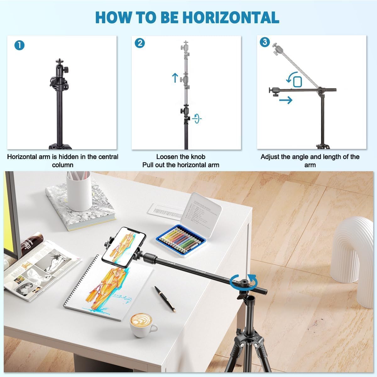 Phone Tripod, Arsoer 67" Adjustable Height Tripod with Horizontal Column and Removable Clip Mount for Overhead Shot, 360° Rotation Stand with Wireless Remote/Carry Bag for iPhone/Webcam