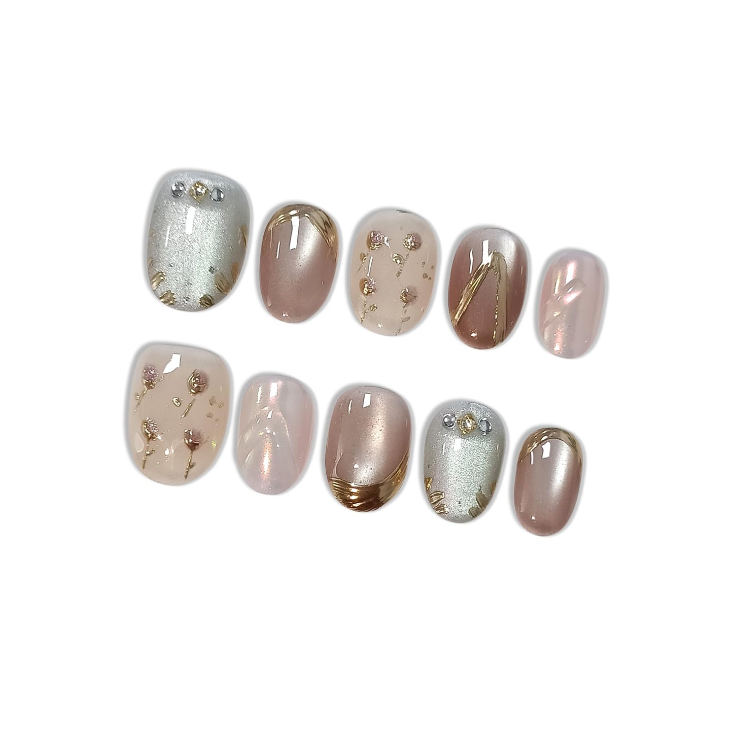 Hantyer Soft Glam Pink Cat Eye Press on Nails with Hand-Painted Tulips, Rhinestones & Gold Lines - Short Oval Glossy Fake Nails, Reusable Elegant False Nails for Women Fall Winter Party Date, Size S