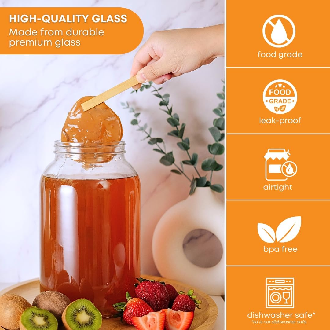 FastRack 1 Gallon Glass Storage Jars with Airtight Lids (Pack of 4) | Wide Mouth Glass Canisters for Food Storage, Fermentation, Pickling & Canning