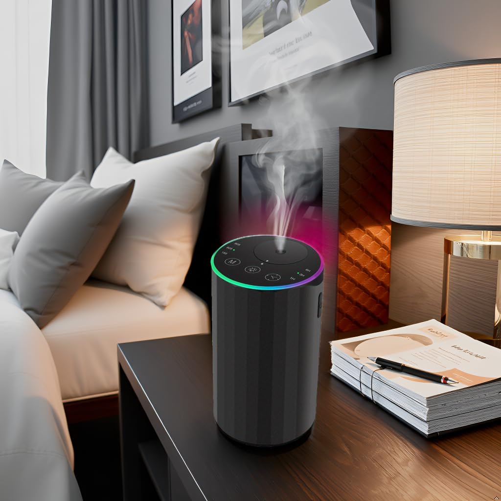 Waterless Essential Oil Diffuser, 7 Colors LED Light, Battery Powered Mini Scent Air Machine, Aromatherapy Mist Diffuser for Home Room Car Office，Black Aluminum Alloy (Black) (Black)