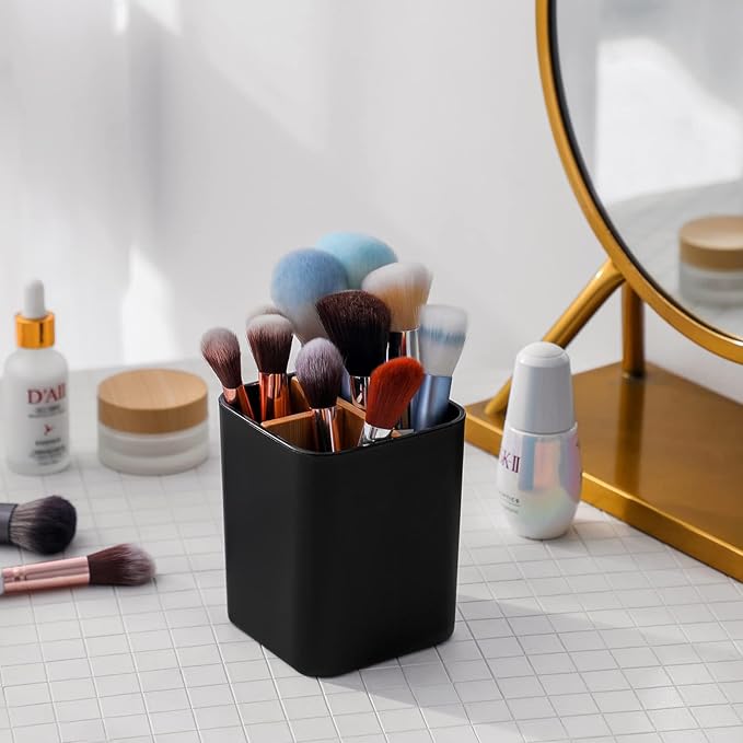 Bamboo Toothbrush Holder for Bathrooms, 3 Slots Toothbrush and Toothpaste Holder Bathroom Counter Organizer for Electric Toothbrushes, Floss, Razors, 2 Pack, Black
