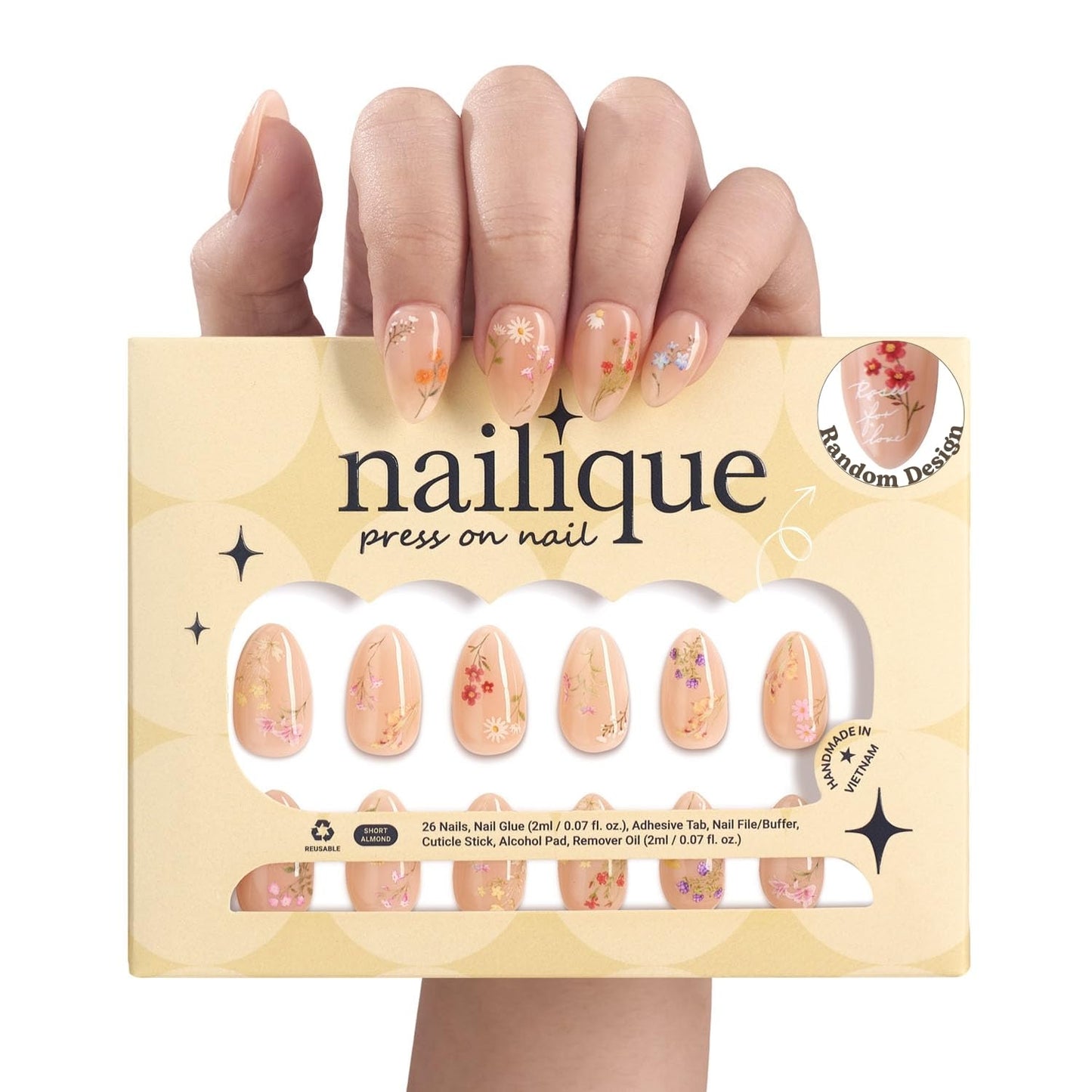 Nailique Press On Nails Short Almond – Handmade Soft Gel Nude Floral Flower Sticker Design, 26pcs Reusable Nail Tips with Glue & Remover, Salon Quality Spring Bridal Wedding Manicure