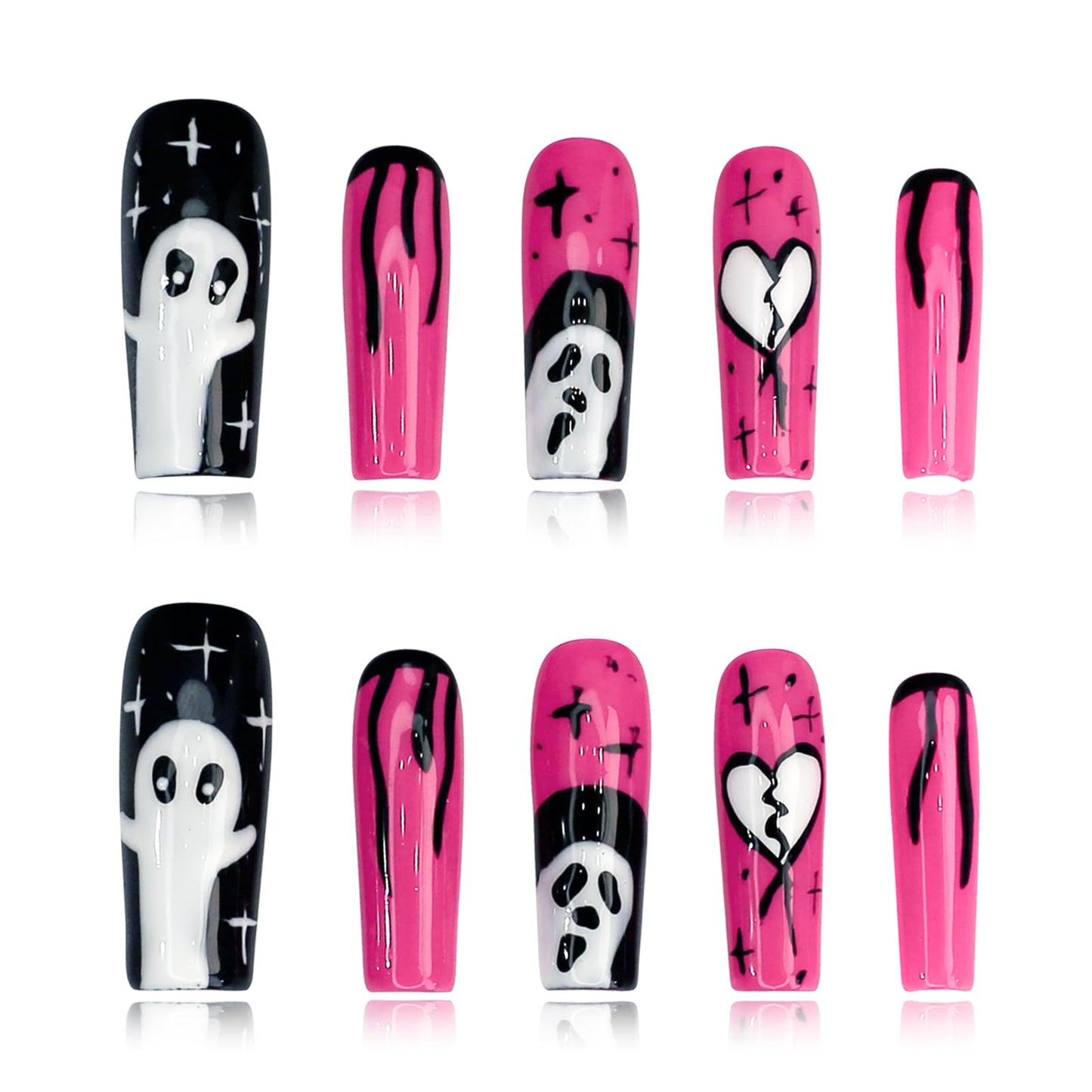 Yacey Halloween Handmade Press on Nails Long Coffin, Horror Ghost Design Reusable Soft Muti-Gel False Nails Press Ons, Thick Acrylic Fake Nails, 3D Artificial Glue on Nails for Women Girls (10 Pcs, L)