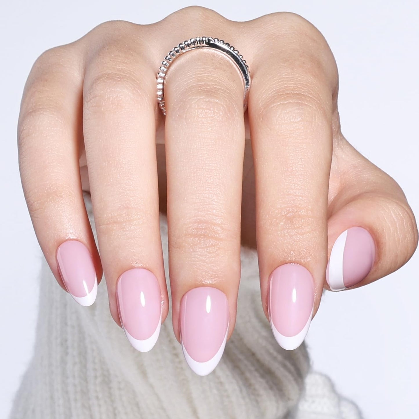 White French Tip Press On Nails - Pink Short Almond Fake Nails, White Press On Nails Reusable Stick On Nails in 16 Sizes, 32pcs False Nail Kit for Women & Girls