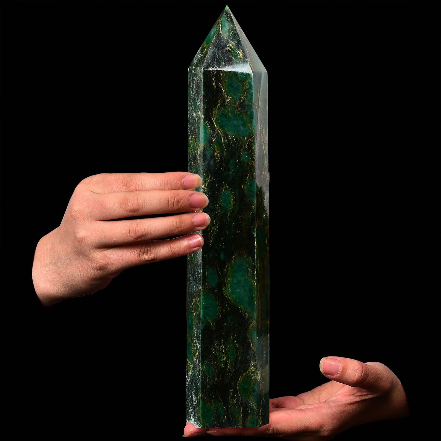 AMOYSTONE Extra Large Crystal Obelisk Emerald Green Quartz Tower Healing Crystal Wand Point 6 Faceted Reiki Meditation Stone 2.2-2.6 LBS