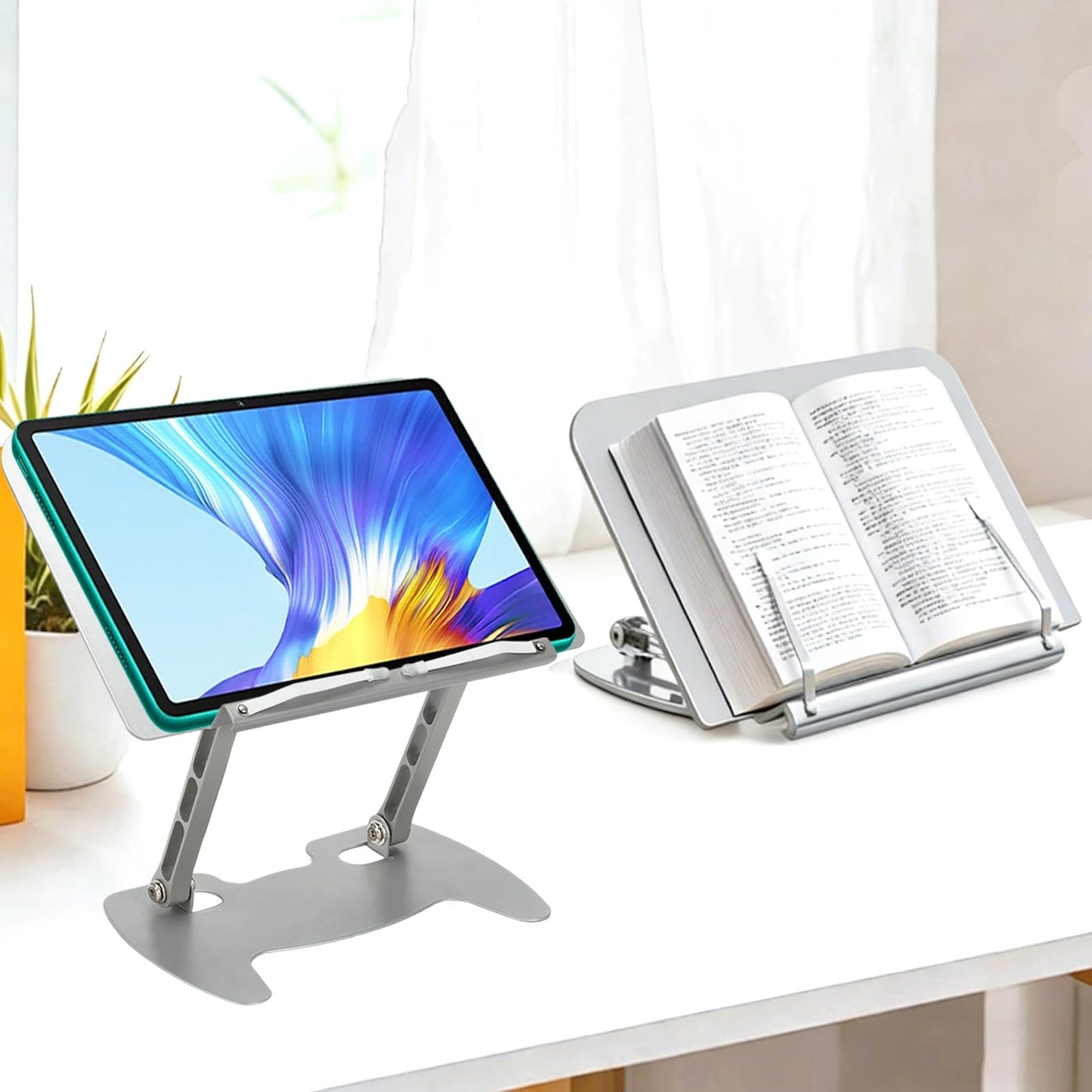 Book Stand for Reading, Adjustable Metal Laptop Stand for Desk Foldable Laptop Riser Holder Desktop Book Stand Multifunctional Display Stand for Recipe, Book, Tablet, Laptop, Notebook (Silver)