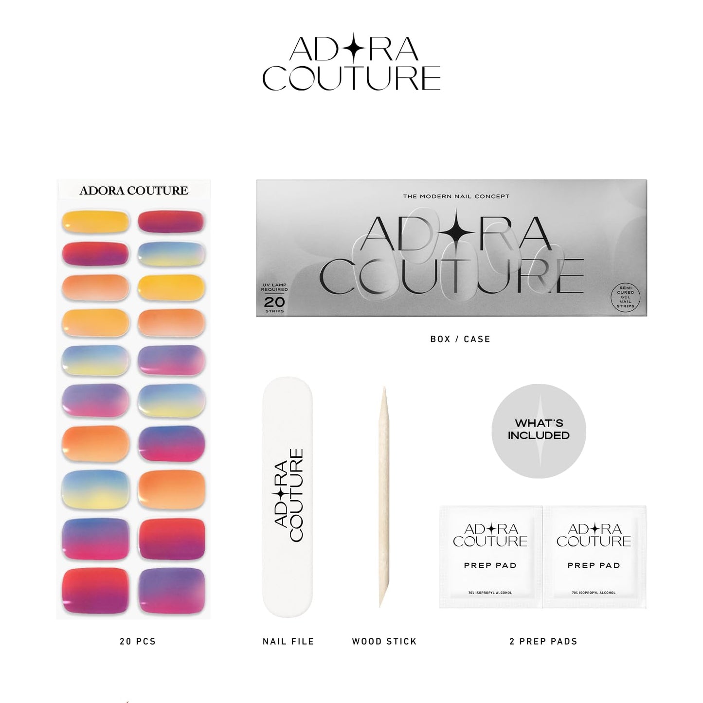 Adora Couture Semi Cured Gel Nail Strips with 20 Pieces - UV Gel Stickers, Manicure Kit, Easy Application Wraps Includes Prep Pads, Nail File, Wooden Stick - UV Light Required (Aurora Scales)