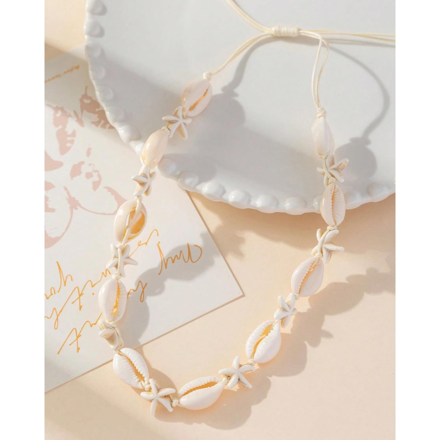 Nackiy Handmade Sea Shell Necklace Choker For Women Summer Adjustable Natural Shell Collar Necklace (Beige Shell&Starfish)