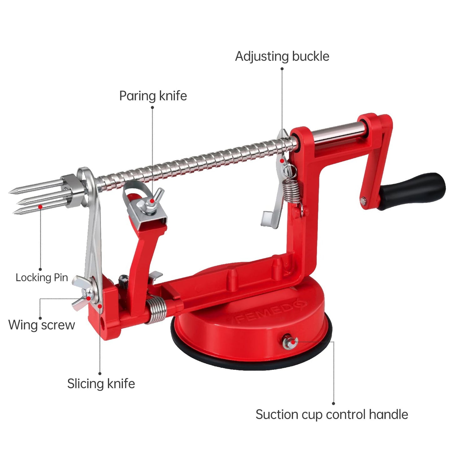 Apple Peeler Slicer Corer with Stainless Steel Blades and Powerful Suction Base for Apples Pears Potatoes(Red)